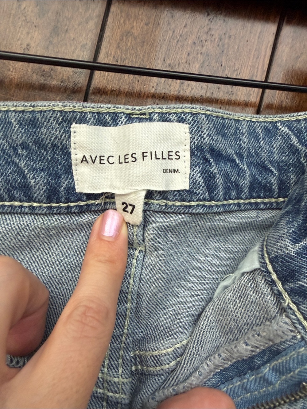 Avec Les Filles Blue Denim Wide Leg Jeans with Red & Purple Floral Print - Picture 3 of 5